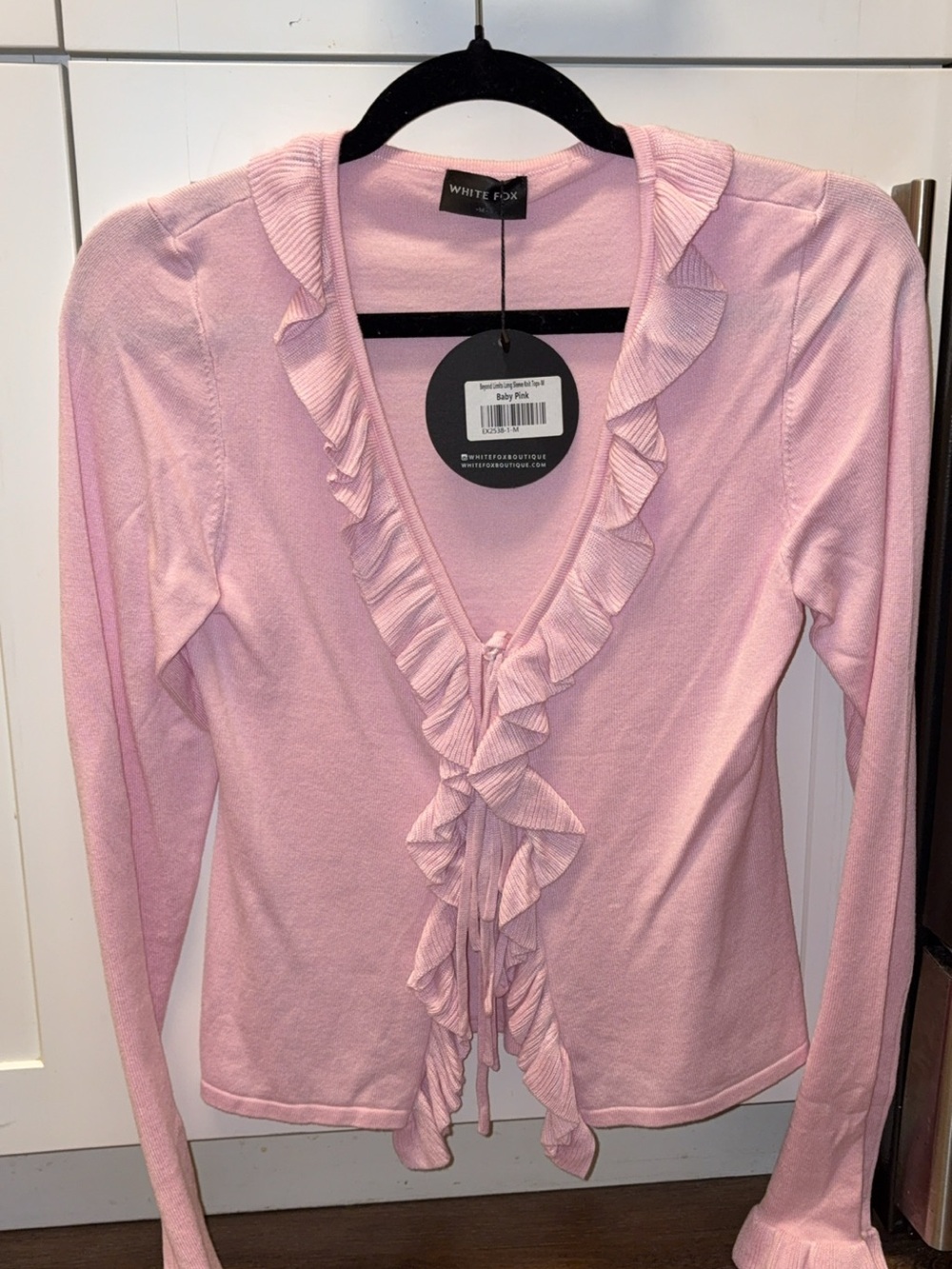 White Fox Boutique Pink Ruffle Tie-Front Cardigan